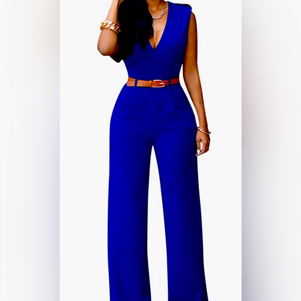 Pink Queen Womens Button Up Printed Long Wide Leg Pant Jumpsuits with Belt.